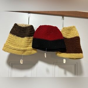 Handmade Crochet Hats, 2 Tan & Brown, 1 Red & Black